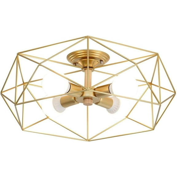 KCO Lighting Gold Cage Semi Ceiling Lights 4-Light Rustic Industrial Decor Lamp for Living Room Kitchen