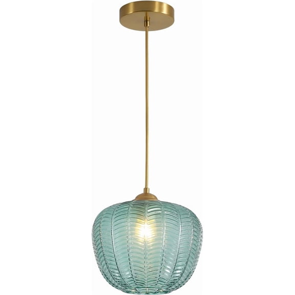 KCO Lighting Green Glass Pendant Light Retro Gold Globe Hanging Lamp Farmhouse Striped Glass Ceiling Lighting