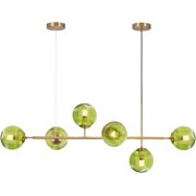 KCO Lighting Green Glass Pendant Lights 6-Light Modern Globe Chandelier Brushed Gold Linear Island Light for Dining Room