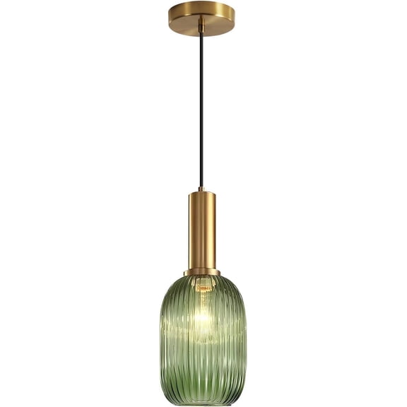 KCO Lighting Green Ribbed Glass Pendant Light Kitchen Island Small Antique Brass Ceiling Pendant Light Mid Century Dining Room Hanging Light Fixture