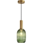 KCO Lighting Green Ribbed Glass Pendant Light Kitchen Island Small Antique Brass Ceiling Pendant Light Mid Century Dining Room Hanging Light Fixture