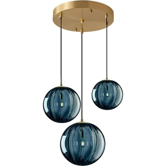 KCO Lighting Mid Century Modern 3-Lights Globe Pendant Light Fixture Brass Gold Cluster Pendant Light Kitchen Island Blue Glass Ceiling Hanging Light