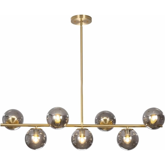 KCO Lighting Mid Century Modern Globe Sputnik Chandelier, Gold Brass Linear Pendant Light, 7-Light Smoke Glass Sphere Chandelier