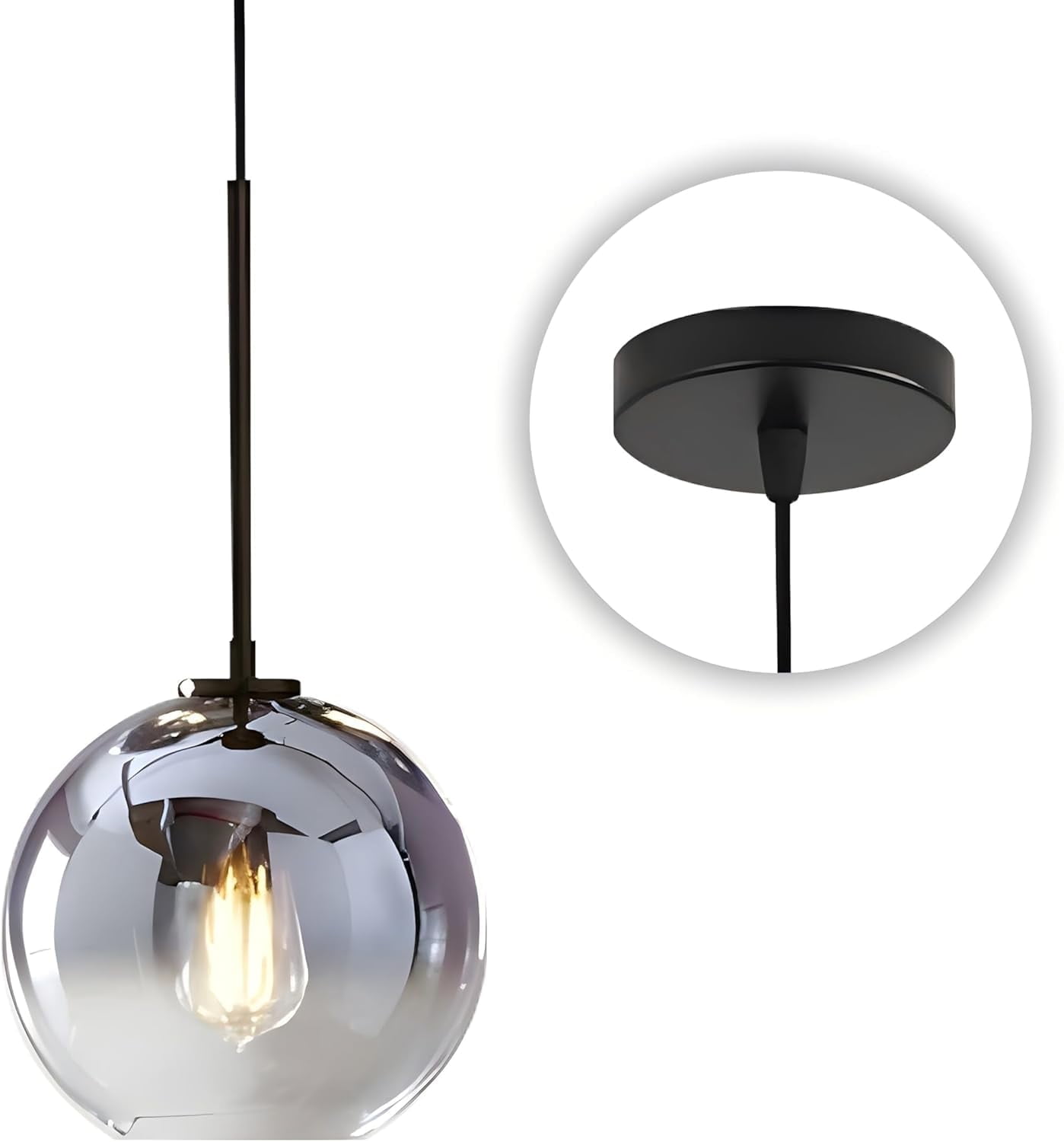 KCO Lighting Mid Century Modern Silver Kitchen Island Pendant Light, Mercury Glass Hanging Lamp, Black Large Globe Ceiling Lights