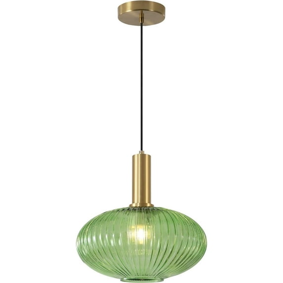 KCO Lighting Large Green Glass Globe Pendant Light Modern Gold Ribbed Ceiling Light Brass Dining Room Hanging Lamp