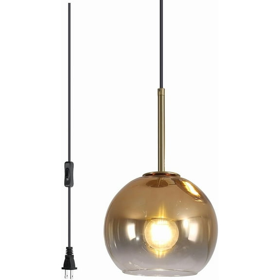 KCO Lighting Modern Pendant Lights Kitchen Island Mid Century Plug in Pendant Light Glass Hanging Lamp with Cord Globe Gold Hanging Light Bedroom Ceiling Lights Plug in
