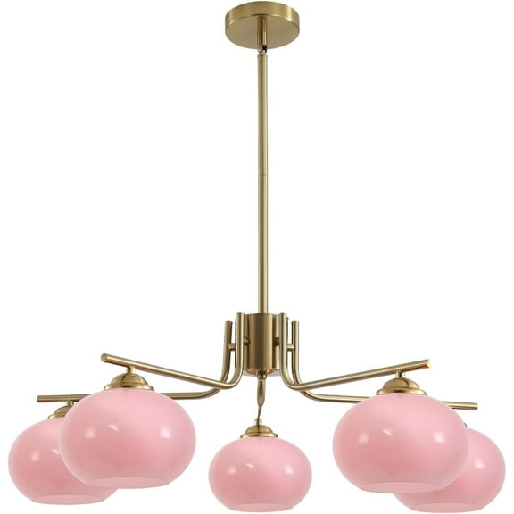 KCO Lighting Modern Pink Glass Chandelier 5 Lights Mid Century Gold Large Globe Flush Mount Ceiling Lamp