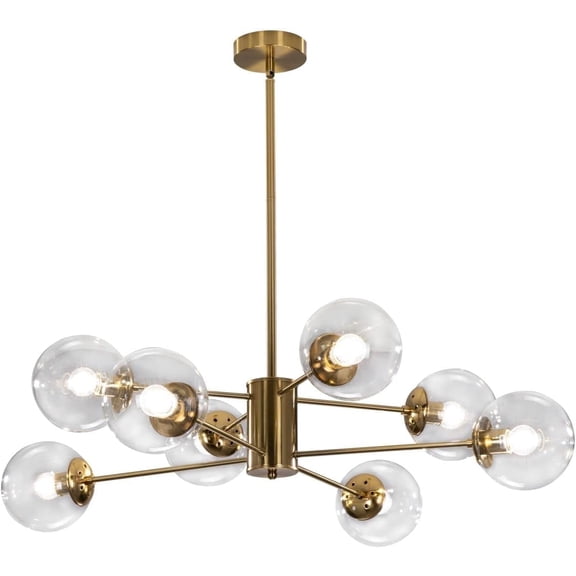 KCO Lighting Modern Sputnik Chandelier, 8-Light Clear Glass Globe Ceiling Pendant Light, Mid Century Brass Flush Mounted Fixture