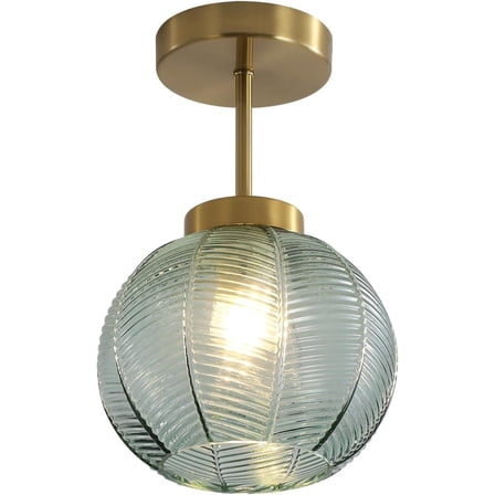 KCO Lighting Nordic Green Ribbed Glass Ceiling Light, Modern Globe Semi Flush Mount Ceiling Light, Mid Century Gold Bathroom Lamp