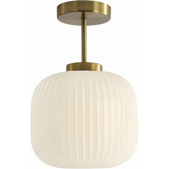 KCO Lighting Ribbed Milk Glass Flush Mount Light Gold and White Ceiling Lamp Brass Kitchen Lighting