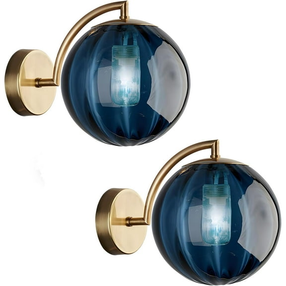 KCO Lighting Set of 2 Blue Glass Wall Sconce Gold Globe Wall Light Fixtures Bedroom Bedside Sconces