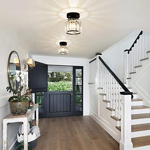 KCO Lighting Small Crystal Chandelier Flush Mount Ceiling Light Modern Mini Black Semi Flush Mount Ceiling Light Fixture Close to Ceiling Light for Bathroom Entryway Hallway Ceilin