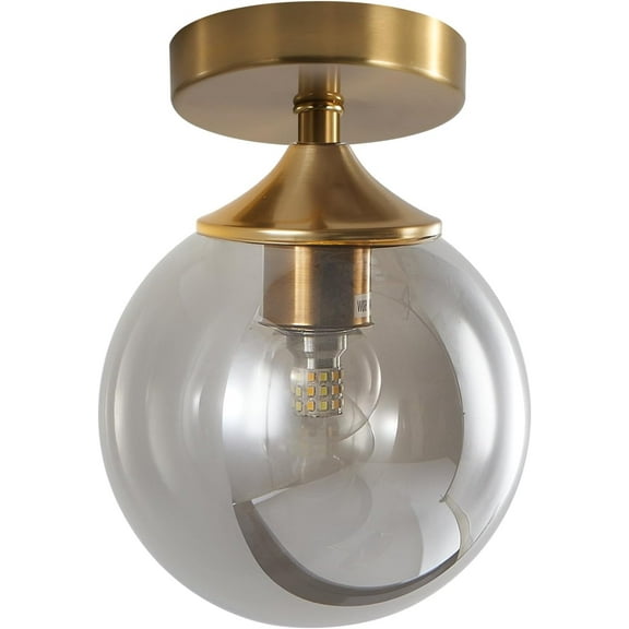 KCO Lighting Small Smoked Glass Globe Flush Mount Ceiling Light, Brushed Gold Ceiling Lighting, Mid Century Modern Ceiling Light