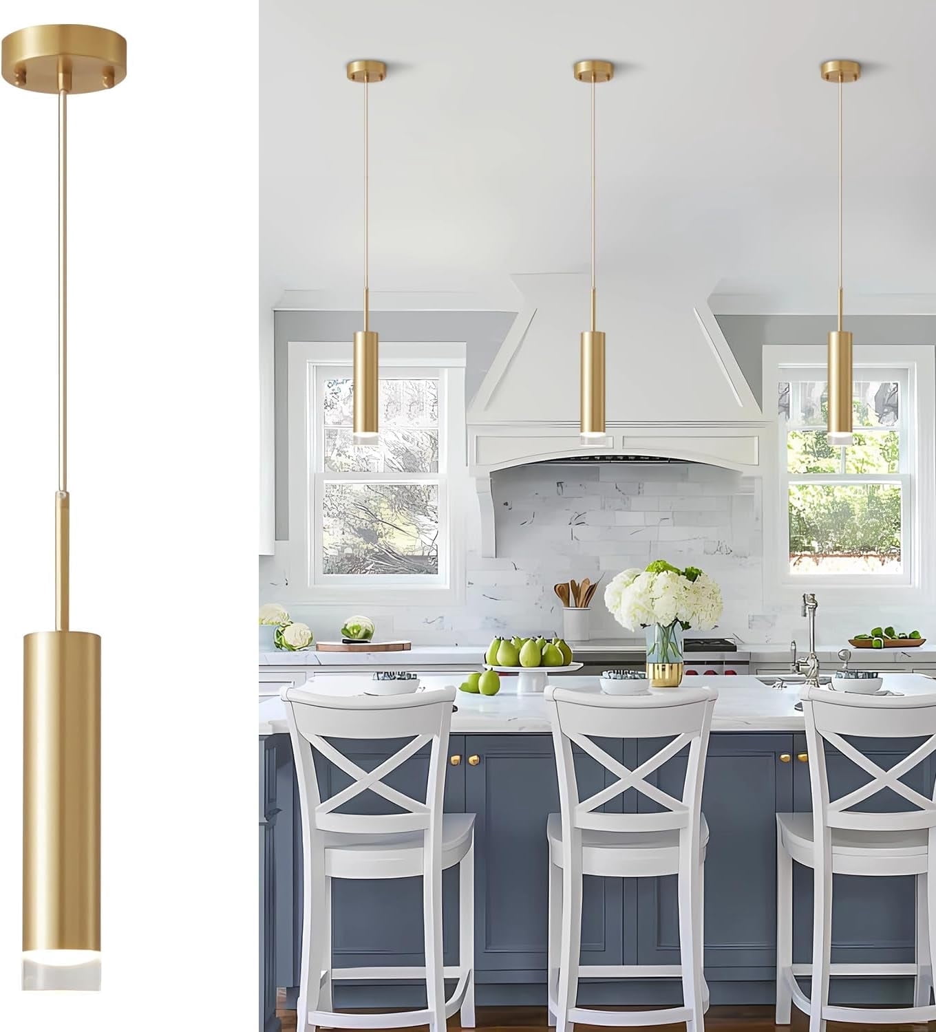 KCO Lighting LED Gold Mini Pendant Light, Modern Kitchen Island Ceiling Hanging Light Fixtures, Small Cylinder Ceiling Pendant Lighting