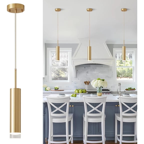 KCO Lighting LED Gold Mini Pendant Light, Modern Kitchen Island Ceiling Hanging Light Fixtures, Small Cylinder Ceiling Pendant Lighting
