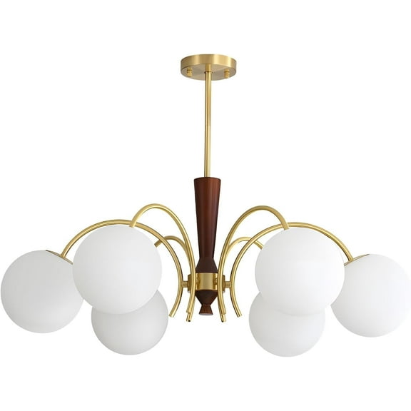 KCO Lighting Vintage 6 Light Gold Globe Sputnik Chandelier, Farmhouse Wood Chandelier, Modern Milk Glass Pendant Light