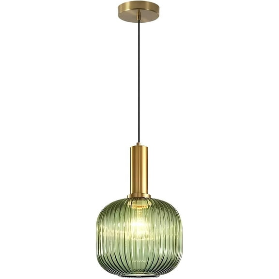 KCO Lighting Vintage Green Glass Pendant Light Kitchen Island Lighting Farmhouse Ribbed Glass Pendant Lighting Brass Gold Single Ceiling Hanging Light