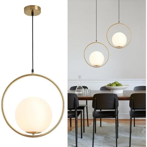 KCO Modern Gold Globe Pendant Light, 1-Light Single White Glass Pendant Lighting Fixture, Mid Century Adjustable Chandelier