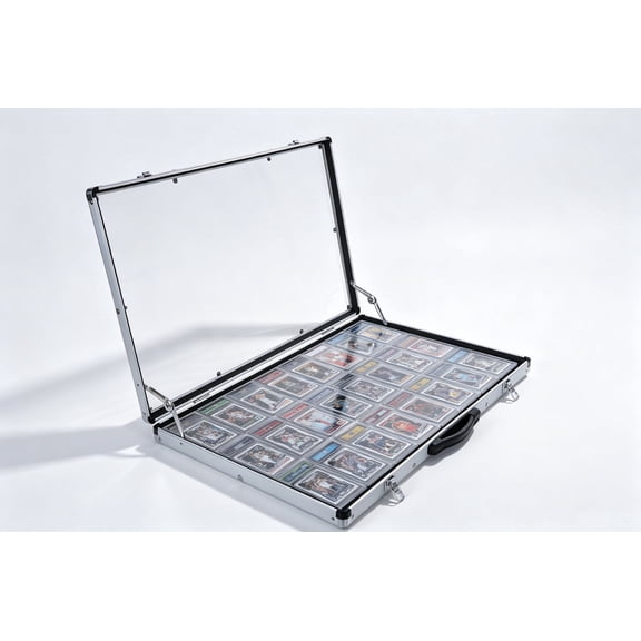 KCRasan Trade Show Display Case with Handle, Aluminum Card Vendor Shadow Box for Sports Trading Card Games Jewelry, Silver