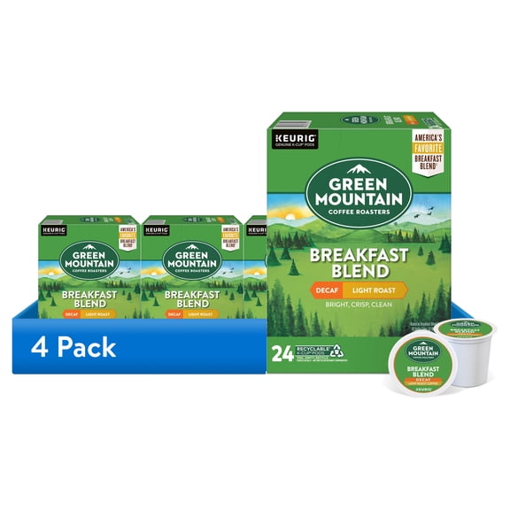 (4 pack) Green Mountain Coffee Roasters, Decaf Breakfast Blend Light Roast K-Cup Coffee Pods, 24 Count