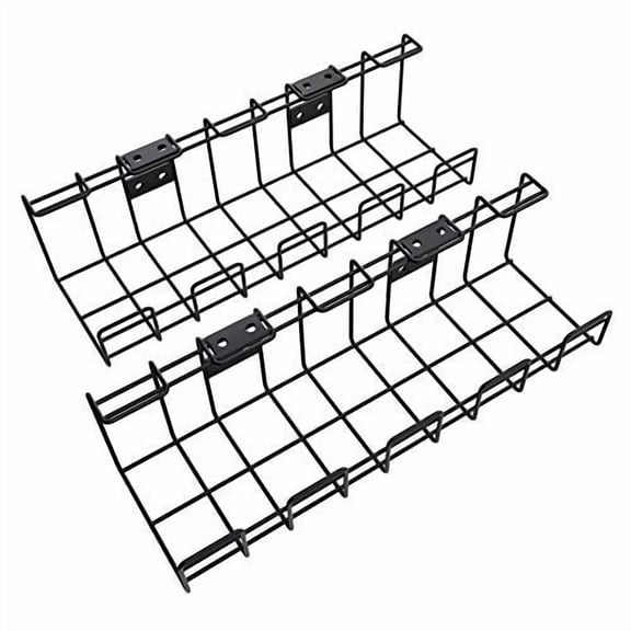 KD Essentials - Metal Cable Basket, Twin Pack - Cable Bracket and Tray (Under Desk or Wall mounting, with Screw Thread, Tidies up Cables/Chargers/Power adapters/Extension Lead sockets, Black
