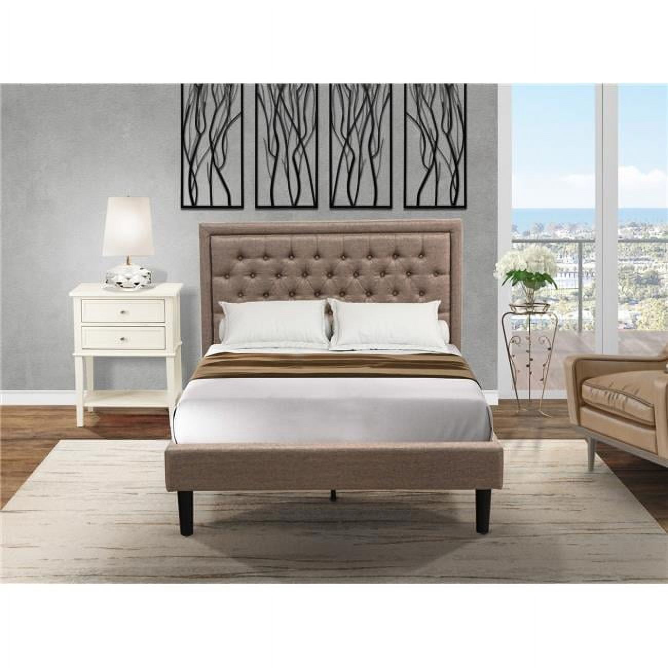 KD16F1VL0C 2 Pc Wood Bedroom Set 1 Platform Bed Dark Khaki Linen