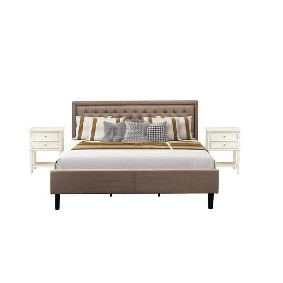 KD16K-2VL0C 3 Pc Bedroom Set - Wooden Bed Dark Khaki Headboard with 2 Wood Night Stand - Black Finish Legs