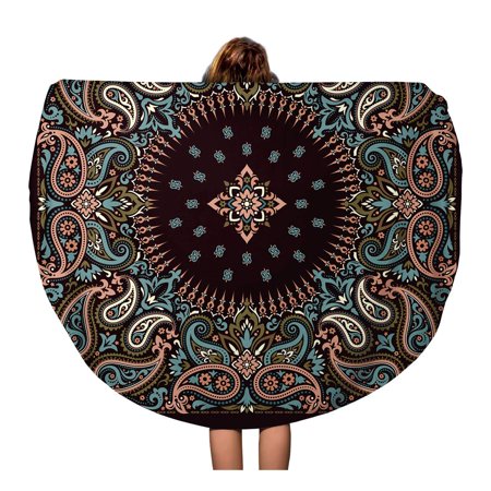KDAGR 60 inch Round Beach Towel Blanket Accessory Paisley Bandana Authentic Band Bandanna Black Border Boteh Travel Circle Circular Towels Mat Tapestry Beach Throw