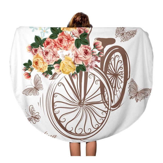KDAGR 60 inch Round Beach Towel Blanket Bicycle Basket Fully of Rose Flowers and Butterflies Around Travel Circle Circular Towels Mat Tapestry Beach Throw