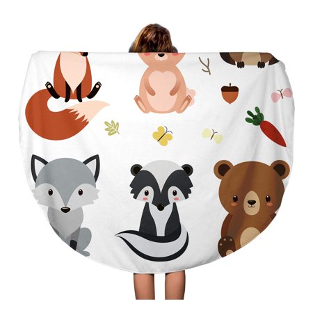 KDAGR 60 inch Round Beach Towel Blanket Colorful Baby of Cute Woodland Wolf Cartoon Autumn Travel Circle Circular Towels Mat Tapestry Beach Throw