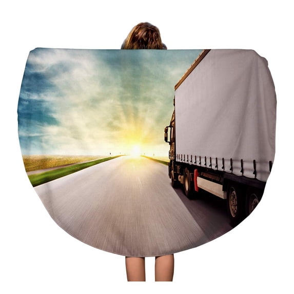 KDAGR 60 inch Round Beach Towel Blanket Driver Truck Driving Towards Sunset Road Away Load Goods Travel Circle Circular Towels Mat Tapestry Beach Throw