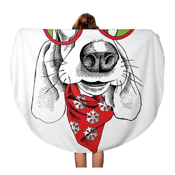KDAGR 60 inch Round Beach Towel Blanket Glasses Dog Basset Hound Portrait in Sunglasses and Cravat Travel Circle Circular Towels Mat Tapestry Beach Throw