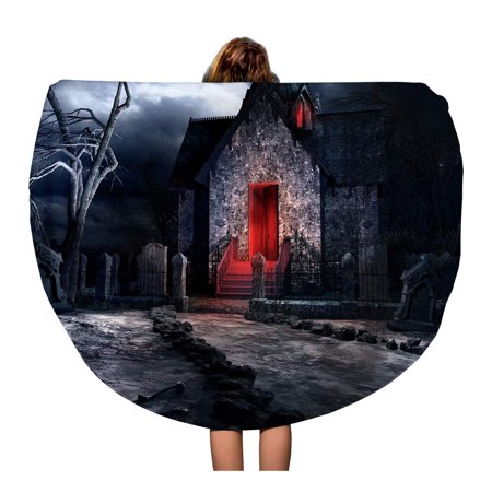 KDAGR 60 inch Round Beach Towel Blanket Halloween Dark Gothic Scenery Old Crypt Creepy Tree Travel Circle Circular Towels Mat Tapestry Beach Throw