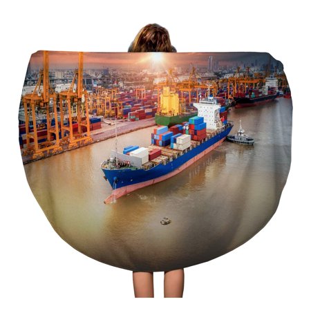 KDAGR 60 inch Round Beach Towel Blanket Logistics and Transportation of Container Cargo Ship Plane Working Travel Circle Circular Towels Mat Tapestry Beach Throw