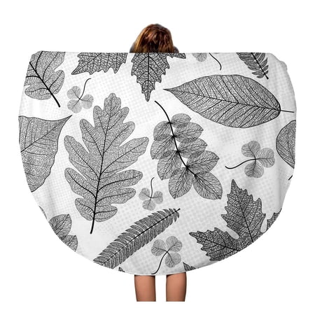 KDAGR 60 inch Round Beach Towel Blanket Pattern Leaf Black and White Leaves Abstract Autumn Beauty Travel Circle Circular Towels Mat Tapestry Beach Throw
