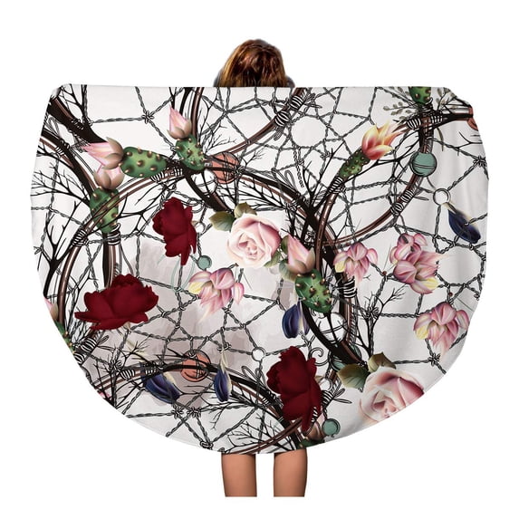 KDAGR 60 inch Round Beach Towel Blanket Pink Bo Ho Pattern Catch Dreamer Roses and Cactus Travel Circle Circular Towels Mat Tapestry Beach Throw