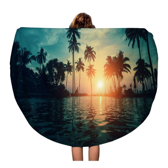 KDAGR 60 inch Round Beach Towel Blanket Twilight on Tropical Beach Silhouettes of Palm Trees Reflections Travel Circle Circular Towels Mat Tapestry Beach Throw