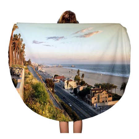 KDAGR 60 inch Round Beach Towel Blanket USA View of Pacific Coast Highway at Santa Monica Travel Circle Circular Towels Mat Tapestry Beach Throw
