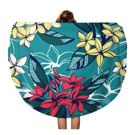KDAGR 60 inch Round Beach Towel Blanket Yellow Pattern Tropical Floral Summer Plumeria Flowers Leaves Beach Travel Circle Circular Towels Mat Tapestry Beach Throw