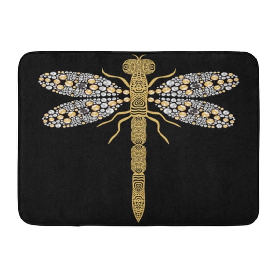 KDAGR Beautiful Pattern of Flying Dragonfly Shiny Gold Silver and Black Precious Rhinestones Jewelry Abstract Doormat Floor Rug Bath Mat 23.6x15.7 inch