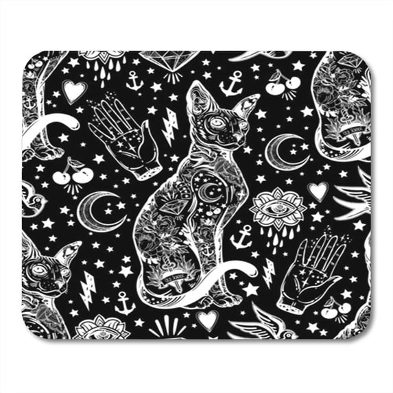 KDAGR Black Cat Portrait with Moon and Three Eyes Hand Third is Open for Halloween Tattoo Mousepad Mouse Pad Mouse Mat 9x10 inch