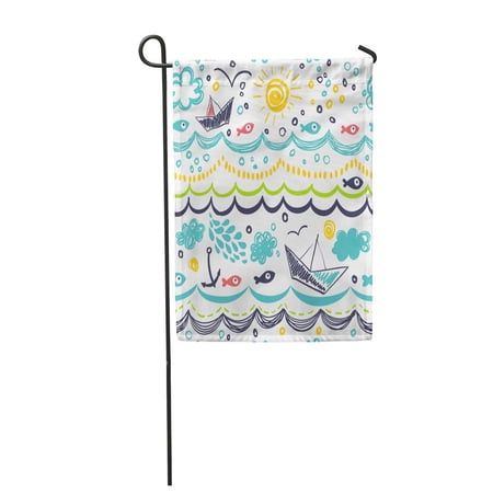 KDAGR Blue Children Drawings Ships Fish Sun Clouds Sea Garden Flag Decorative Flag House Banner 28x40 inch