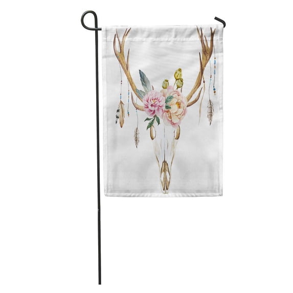 KDAGR Bohemian Watercolor Deer Head Peony Flowers Skull Bull Western Antlers Garden Flag Decorative Flag House Banner 12x18 inch