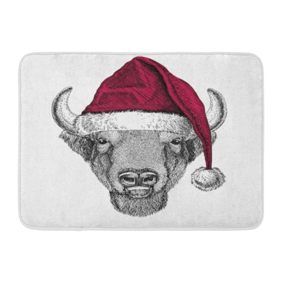KDAGR Buffalo Bison Ox Bull Christmas Wild Wearing Santa Claus Hat Red Winter Holiday Happy New Year Doormat Floor Rug Bath Mat 23.6x15.7 inch