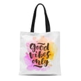 thumbnail image 1 of KDAGR Canvas Bag Resuable Tote Grocery Shopping Bags Watercolor Splash Good Vibes Only Lettering Phrase Modern Brush and Positive Tote Bag, 1 of 1