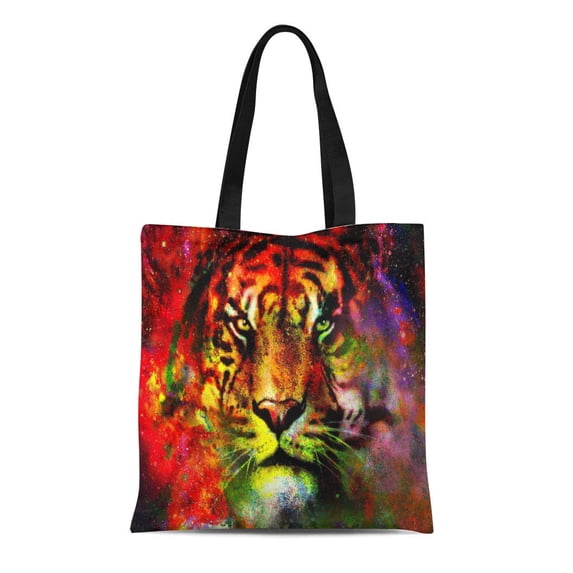 KDAGR Canvas Tote Bag Abstract Magical Space Tiger Multicolor Computer Collage Canvas Face Reusable Shoulder Grocery Shopping Bags Handbag