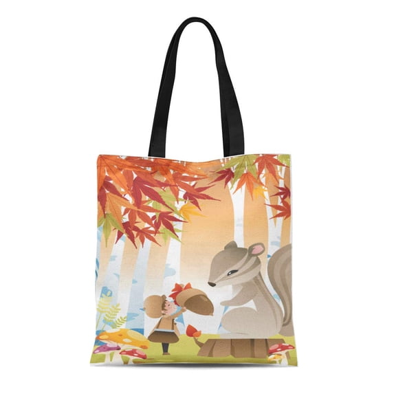KDAGR Canvas Tote Bag Acorn Little Fairy Squirrel in Autumn Boy Child Drawing Reusable Shoulder Grocery Shopping Bags Handbag