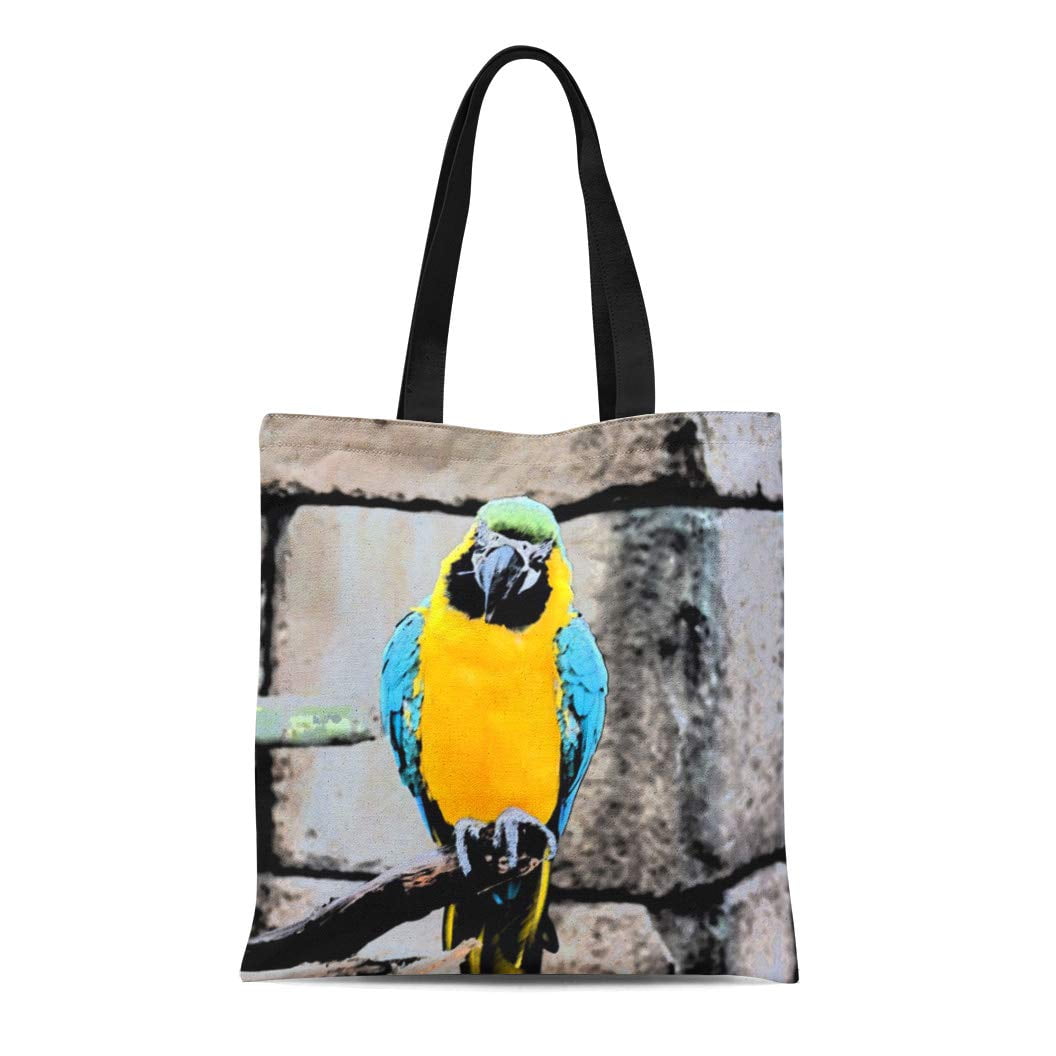 KDAGR Canvas Tote Bag Bird Blue Gold Macaw on Perch Parrot Feather Avain Reusable Handbag ...
