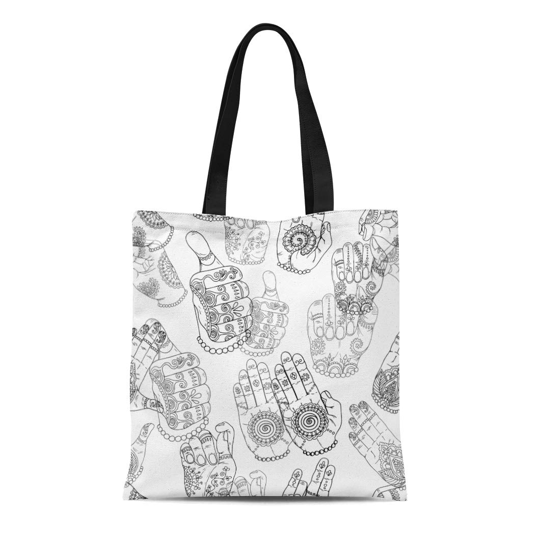 KDAGR Canvas Tote Bag Black Mudras on White Mehndi Henna Patterns Hands