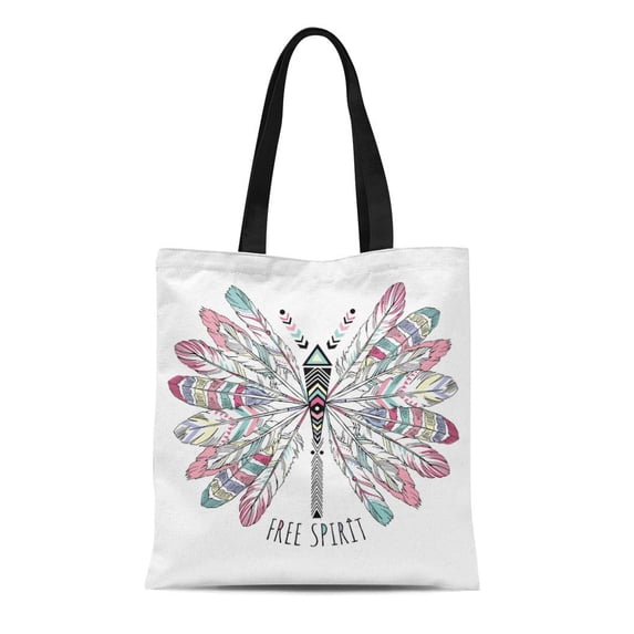 KDAGR Canvas Tote Bag Boho Bohemian Butterfly Summer Free Spirit Chic Ethnic Feather Reusable Shoulder Grocery Shopping Bags Handbag